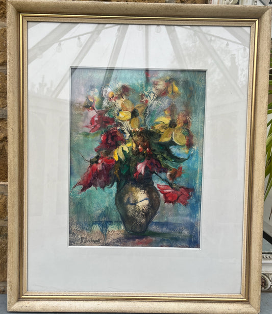 Framed Dutch monoprint depicting bold flowers in reds and golds, set against a muted  blue background.  Presented in a simple, classic frame and mounted.