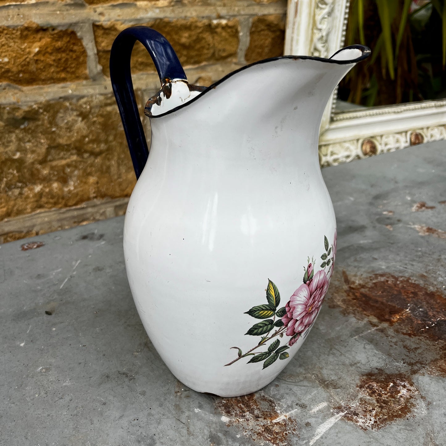 Vintage Enamel Jug with Floral Detail