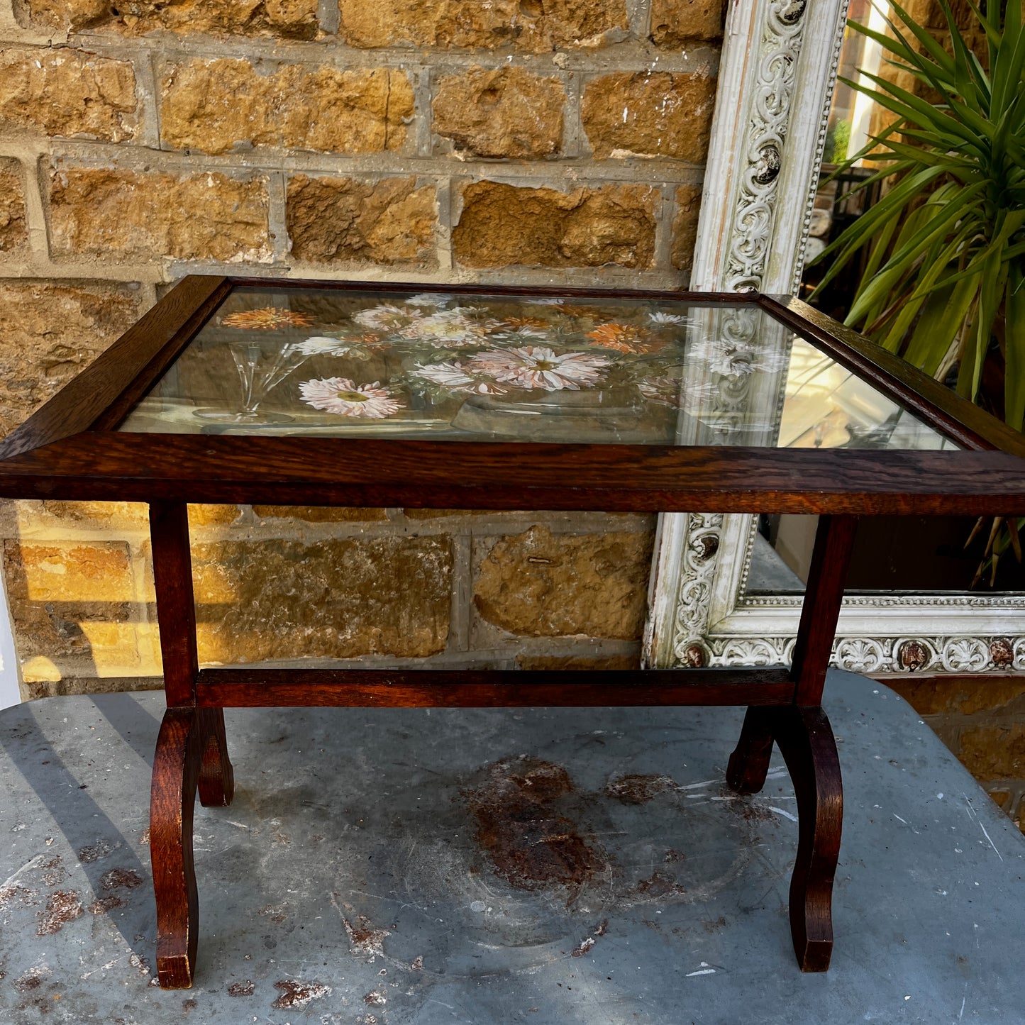 Vintage wooden folding table/fire screen with decorative painted top / front.