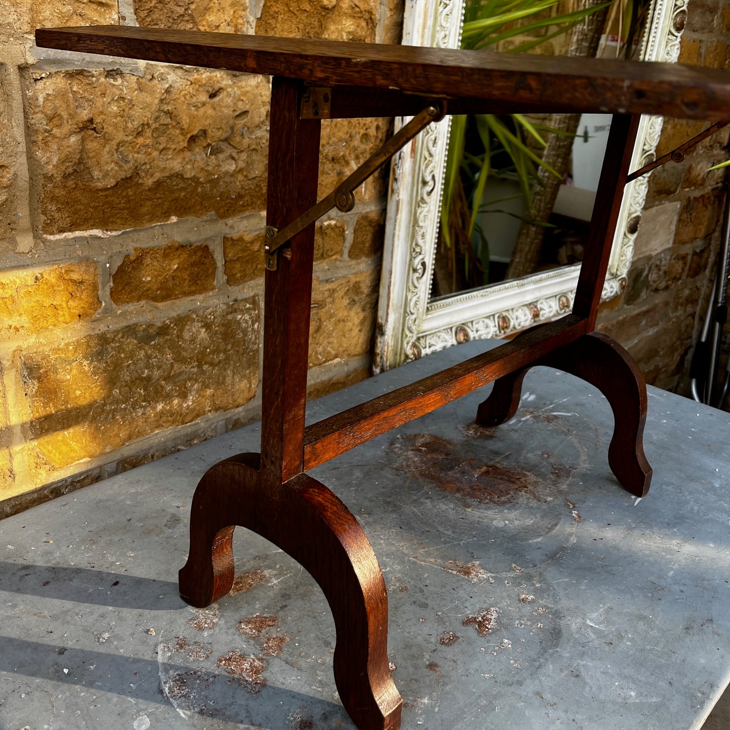 Vintage wooden folding table/fire screen with decorative painted top / front.