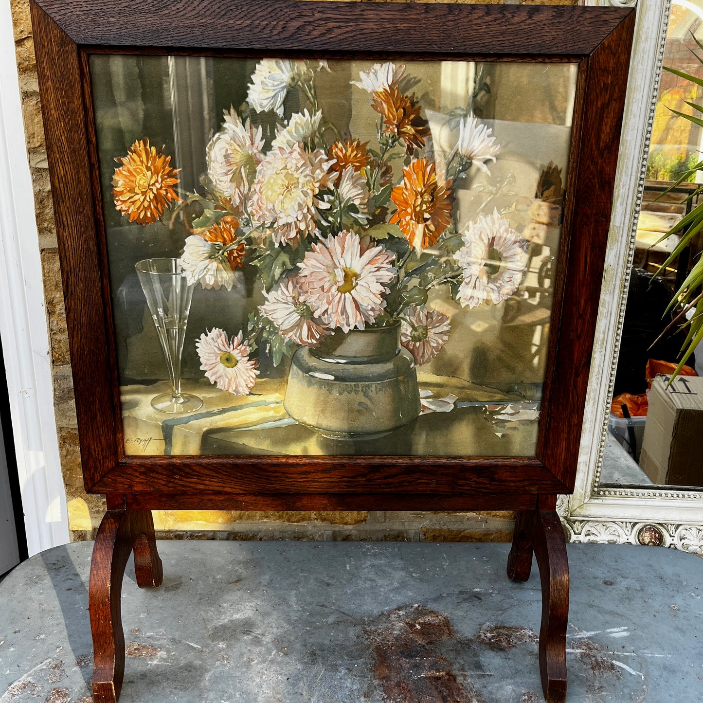 Vintage wooden folding table/fire screen with decorative painted top / front.
