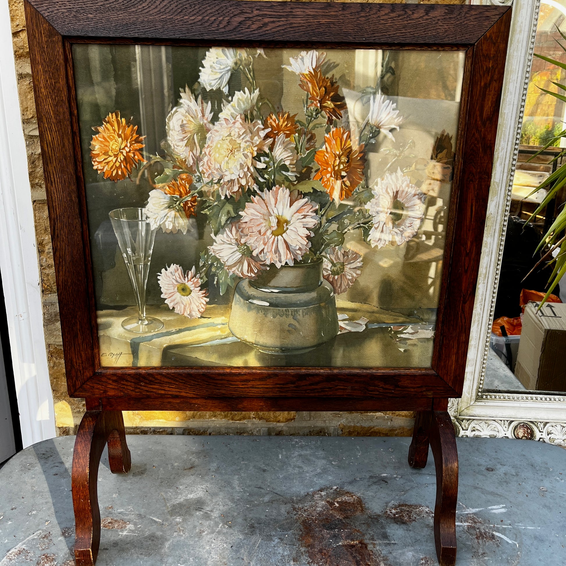 Vintage wooden folding table/fire screen with decorative painted top / front.