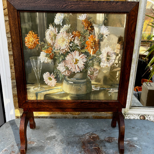 Vintage wooden folding table/fire screen with decorative painted top / front.