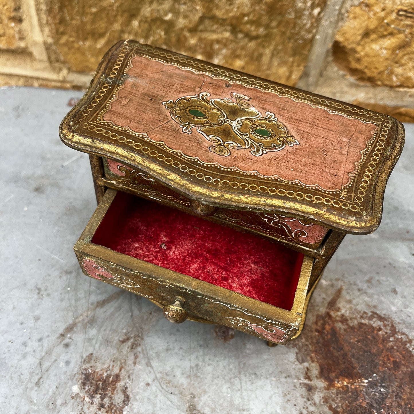 Vintage Italian Florentine miniature three-drawer chest of drawers with ornate carved and gilded decoration