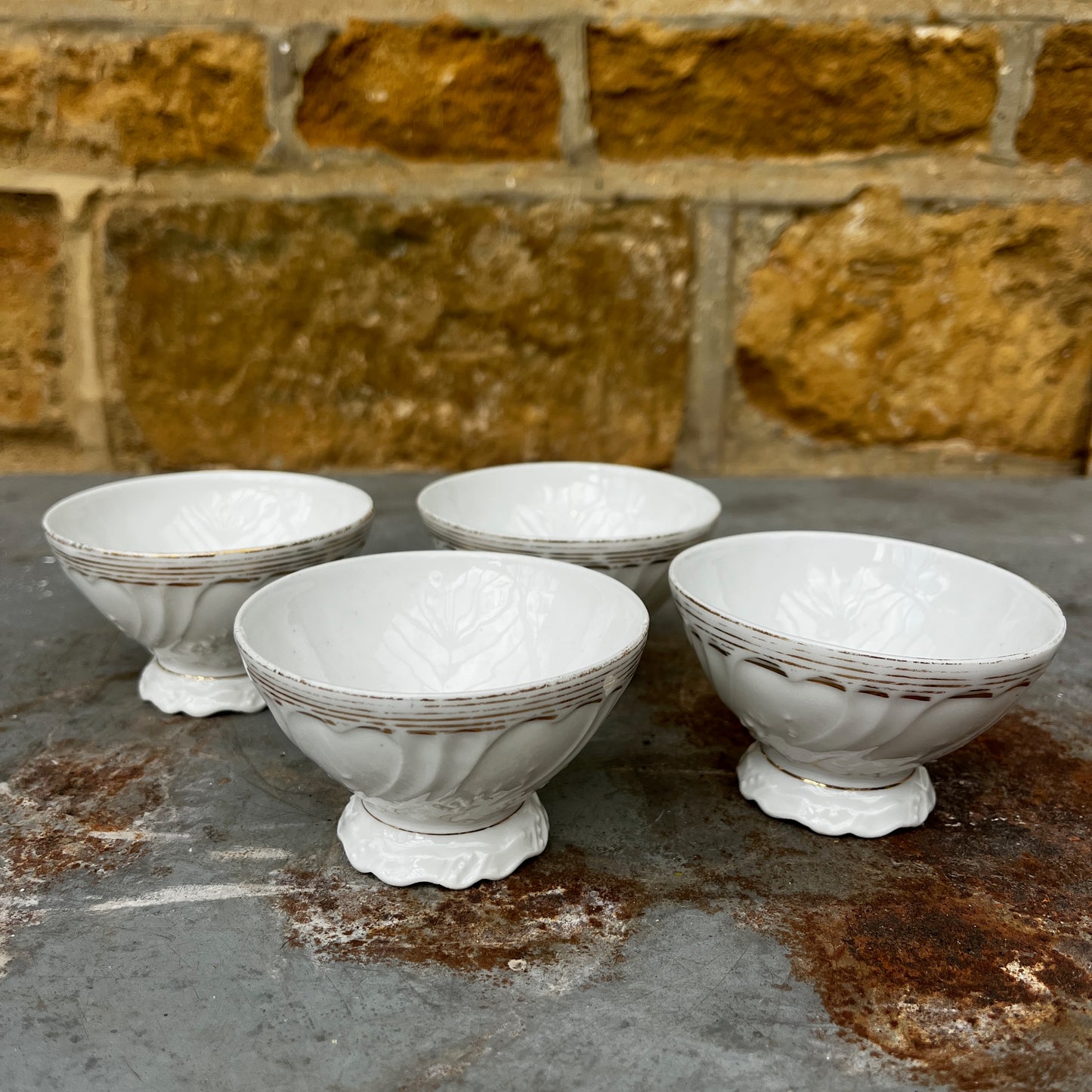 Four Vintage French Cafe-au-Lait Bowls with Gold Gilt