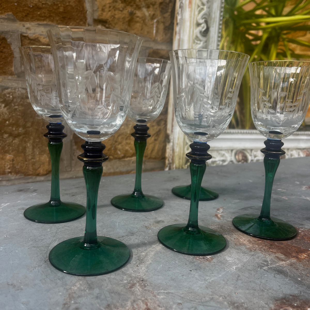 A Set of Six Mid-Century French Wheel-Cut Wine Glasses