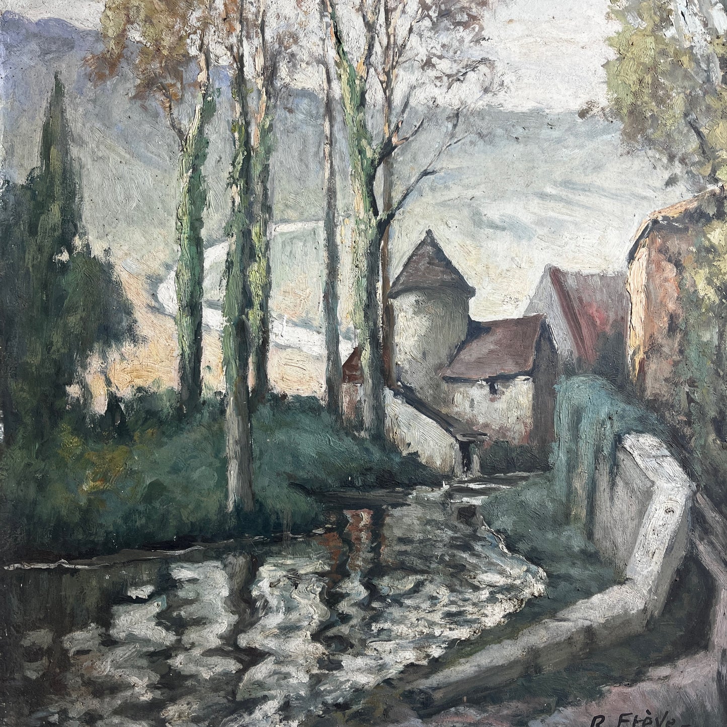Vintage French Scene of a Church - Oil on Canvas