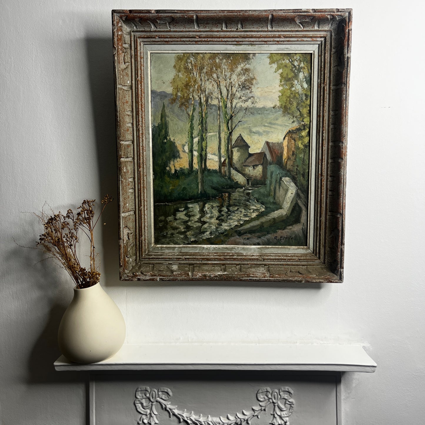 Vintage French Scene of a Church - Oil on Canvas