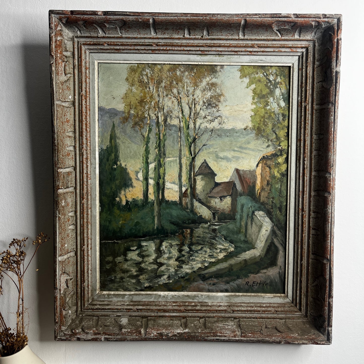 Vintage French Scene of a Church - Oil on Canvas