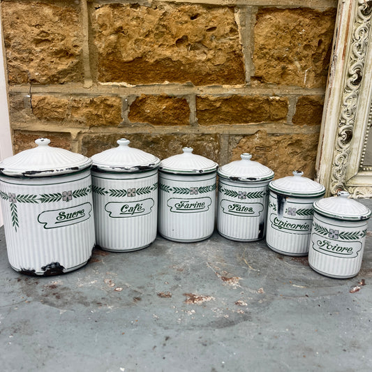 Vintage French Enamel Coffee, Sugar etc Set of 6 Storage Containers
