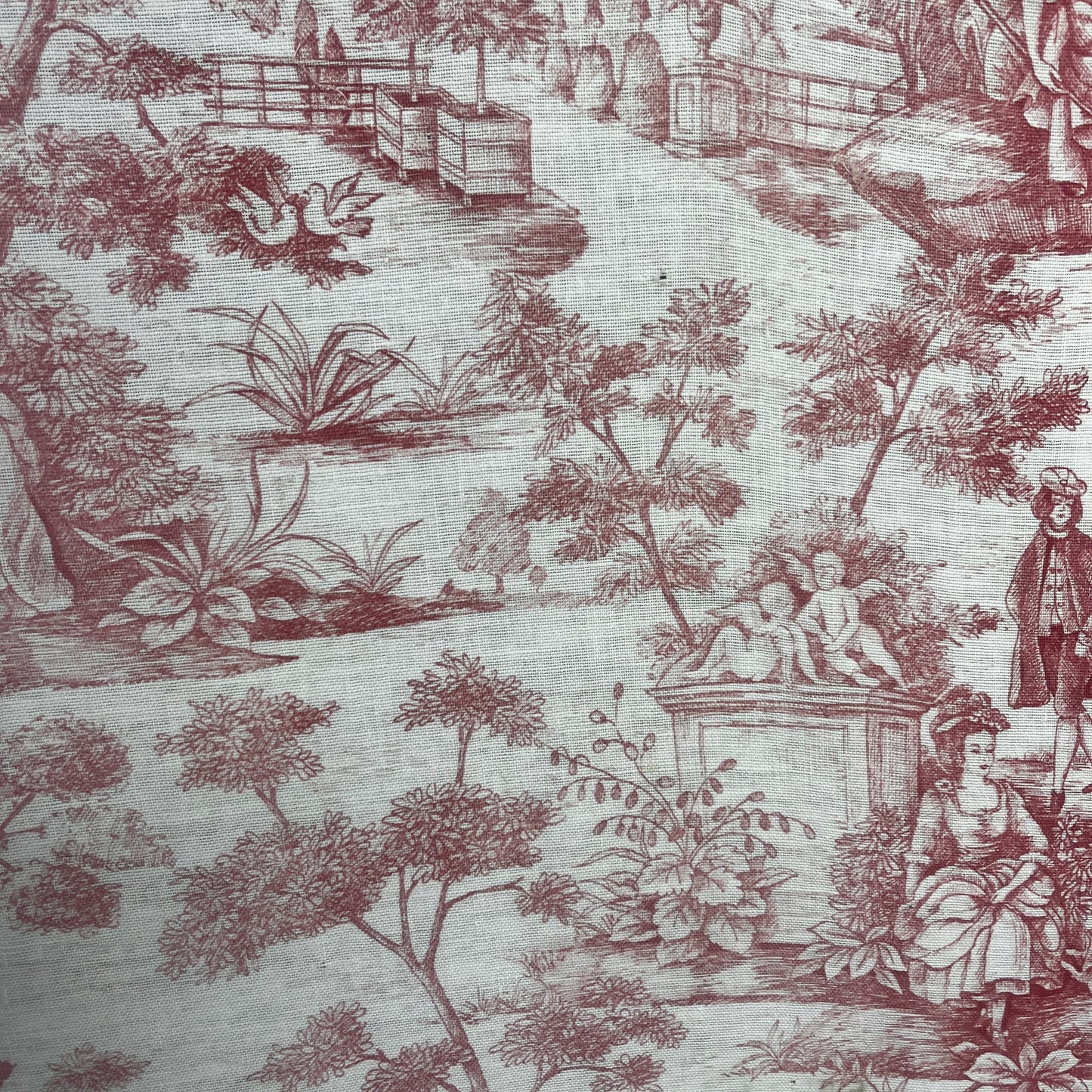 A vintage French fire screen featuring a classic Toile de Jouy fabric panel with an elegant pastoral scene in soft neutral tones