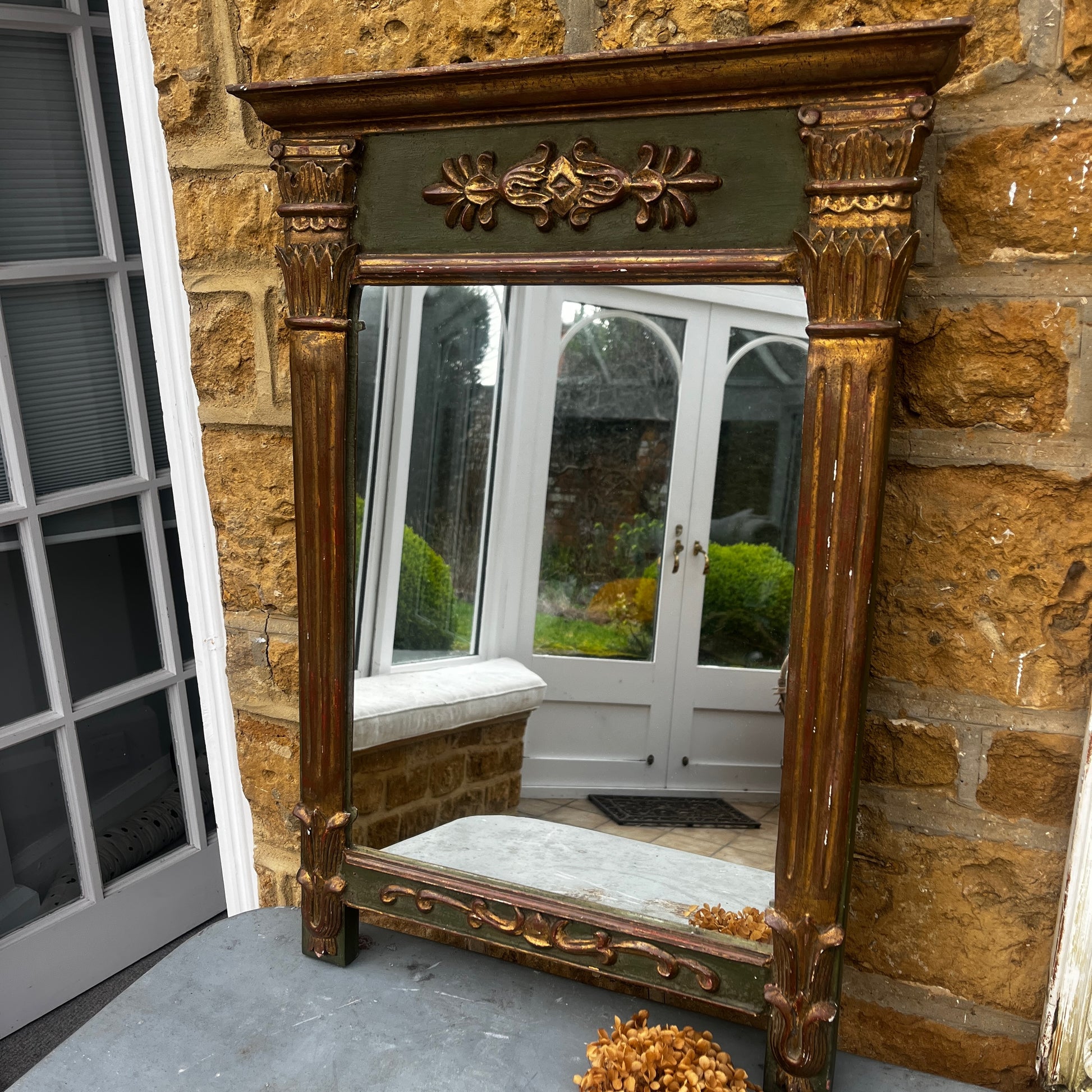 Antique French LouisXV! style carved giltwood and painted mirror