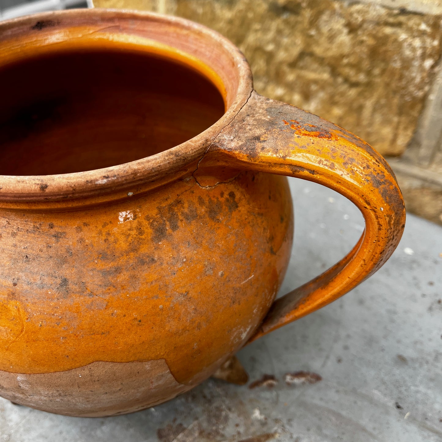 19th Century French Glazed Ochre Ceramic Jug With a Lid and Three Legs