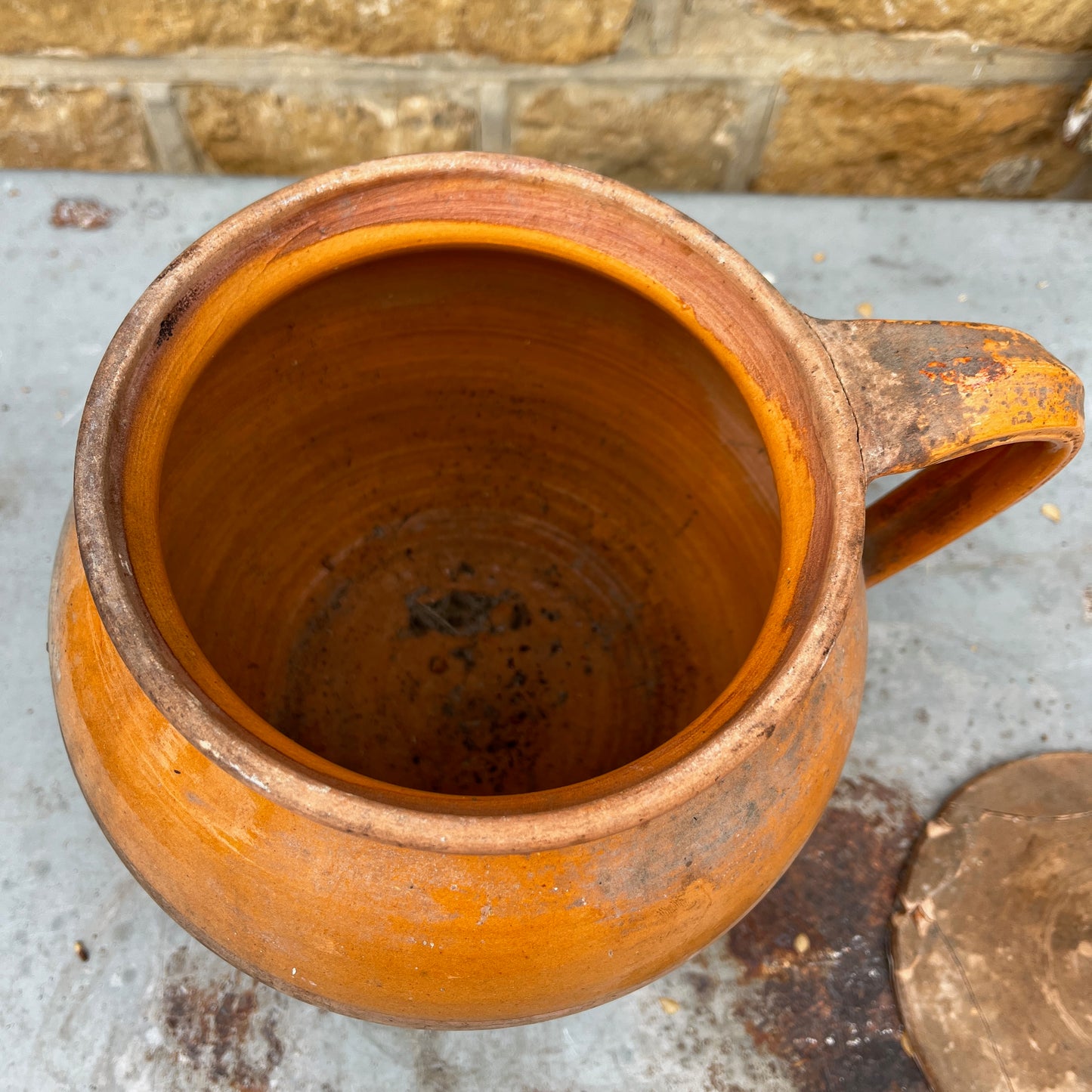 19th Century French Glazed Ochre Ceramic Jug With a Lid and Three Legs