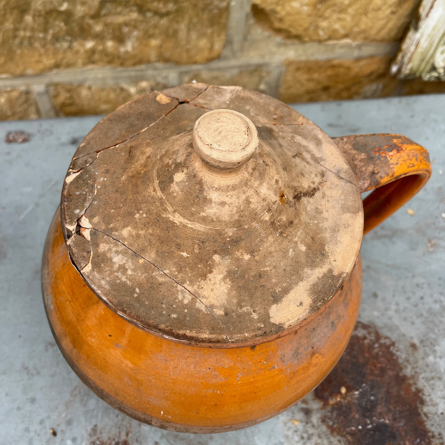 19th Century French Glazed Ochre Ceramic Jug With a Lid and Three Legs