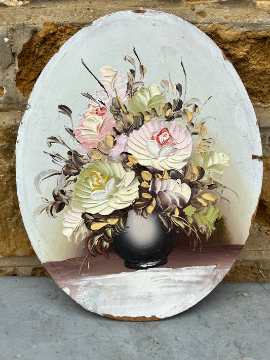 Decorative oil on board French of still life - flowers in a grey vase