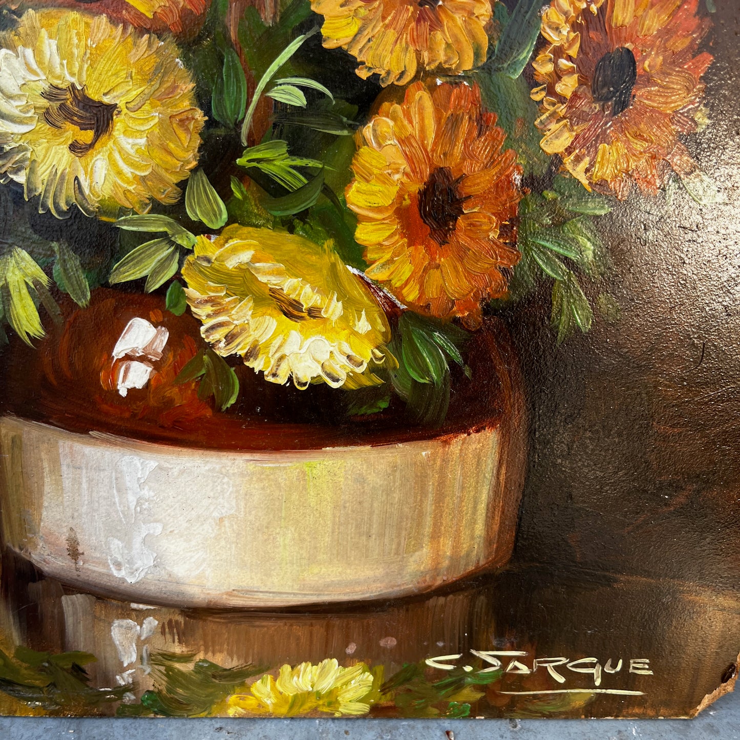 Vintage French still life painting of marigolds, featuring warm golden tones and a classic rustic composition in a rustic stoneware pot.