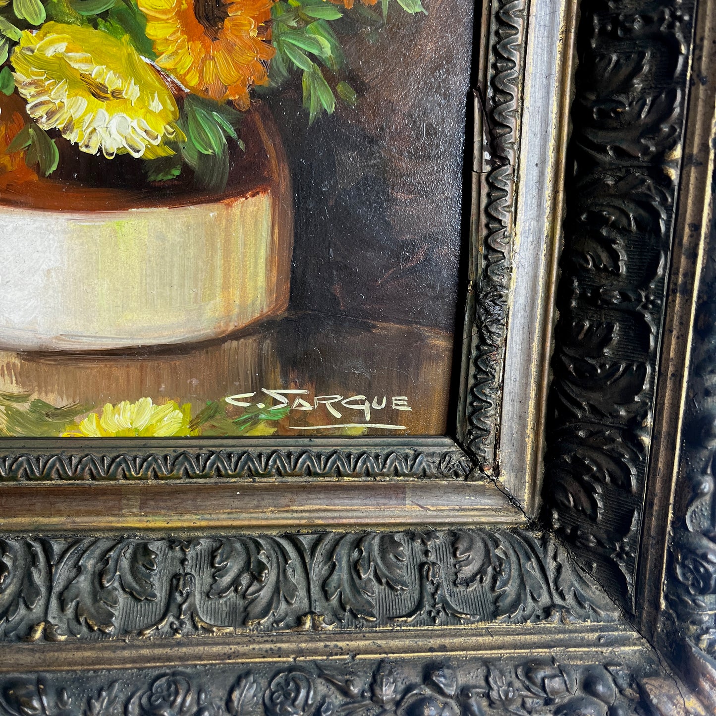 Vintage French still life painting of marigolds, featuring warm golden tones and a classic rustic composition in a rustic stoneware pot.