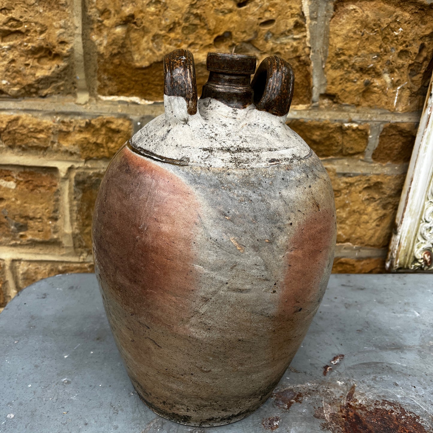 Antique French Rustic Stoneware Double Handed Jug with Narrow Neck