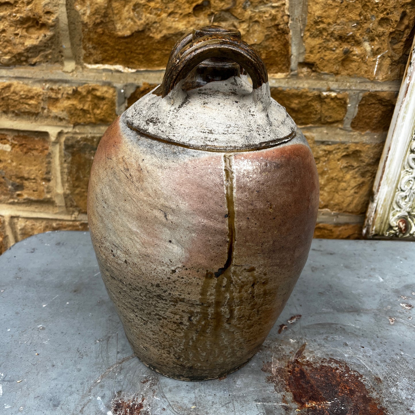Antique French Rustic Stoneware Double Handed Jug with Narrow Neck