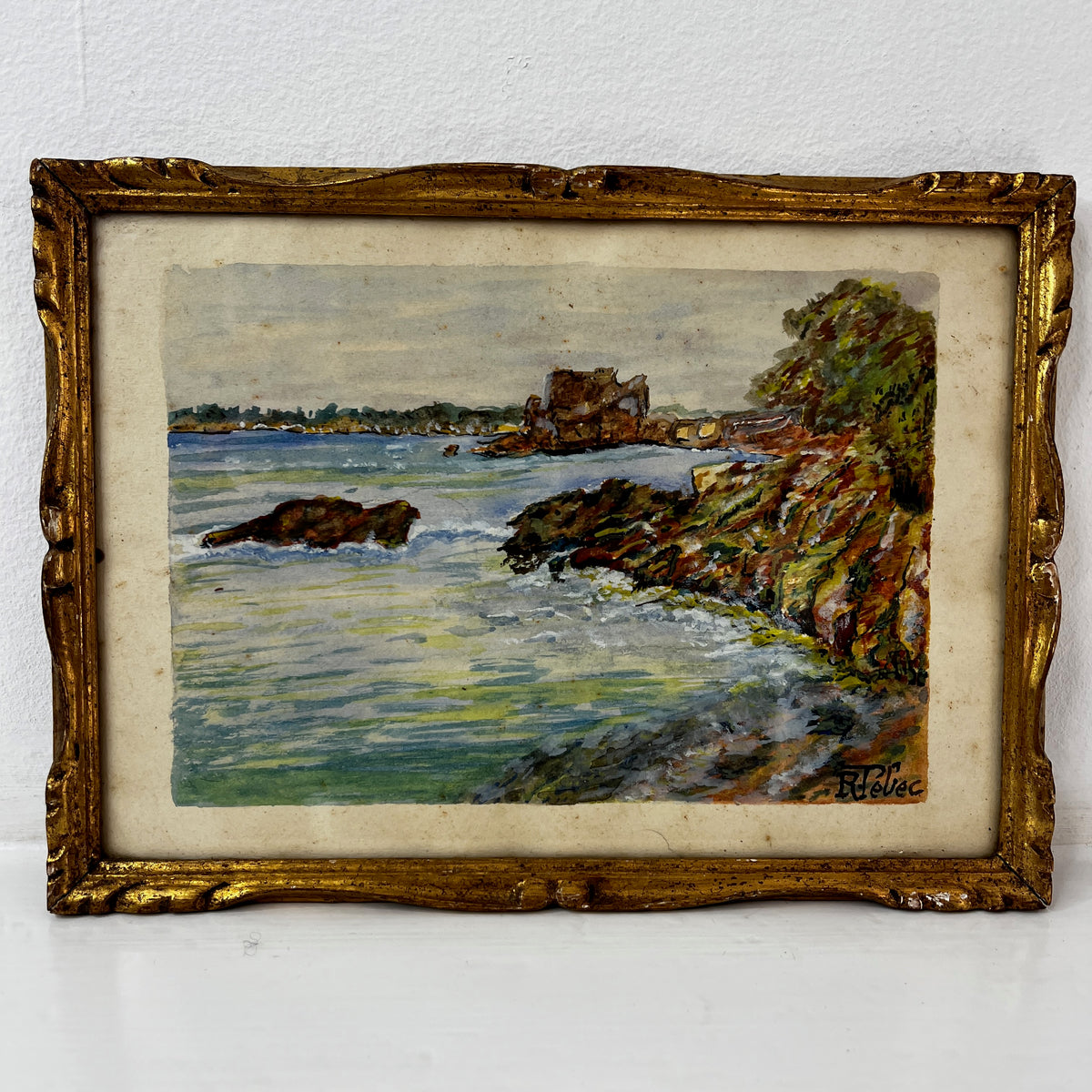 Vintage French Watercolour depicting a Coastal Scene - Signed