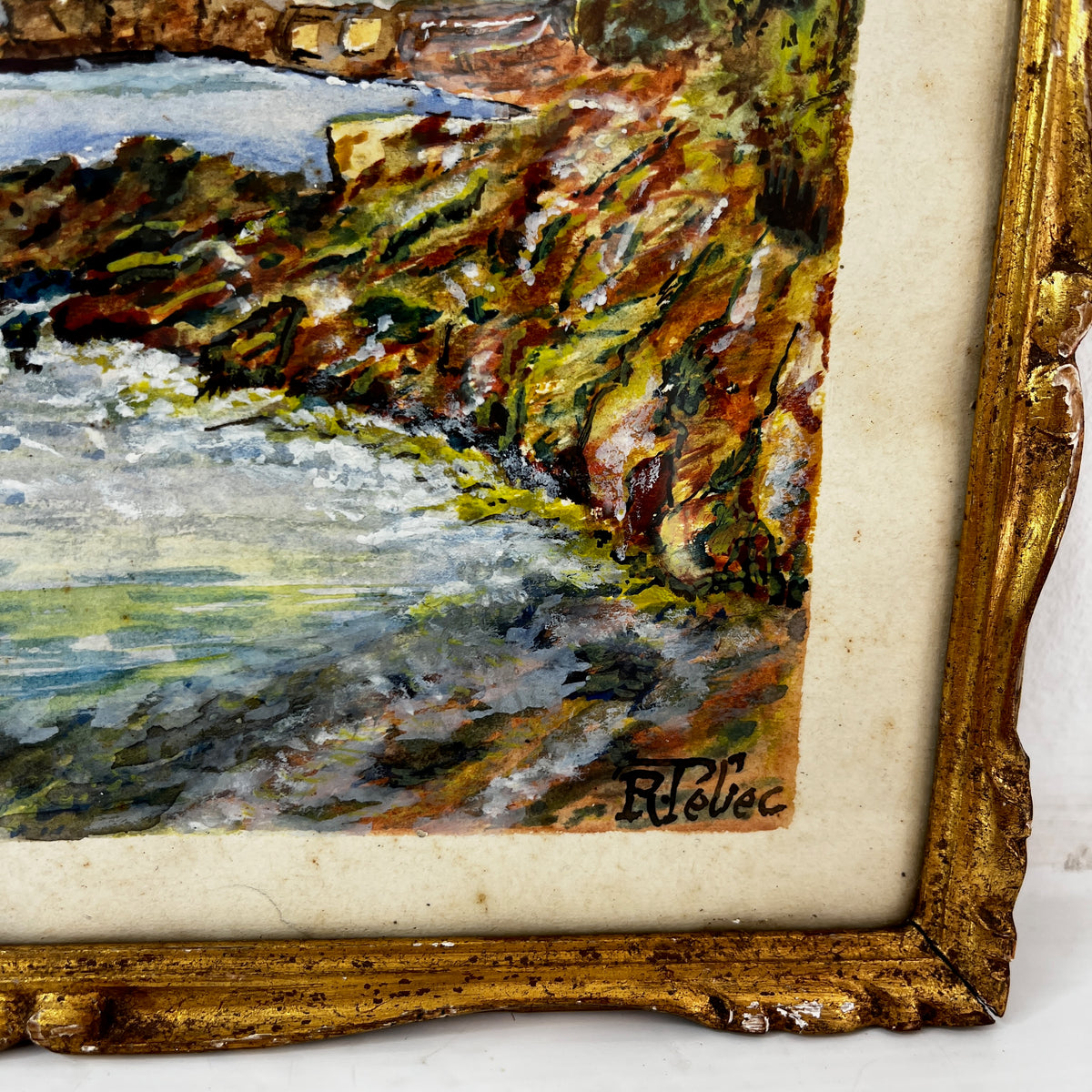 Vintage French Watercolour depicting a Coastal Scene - Signed
