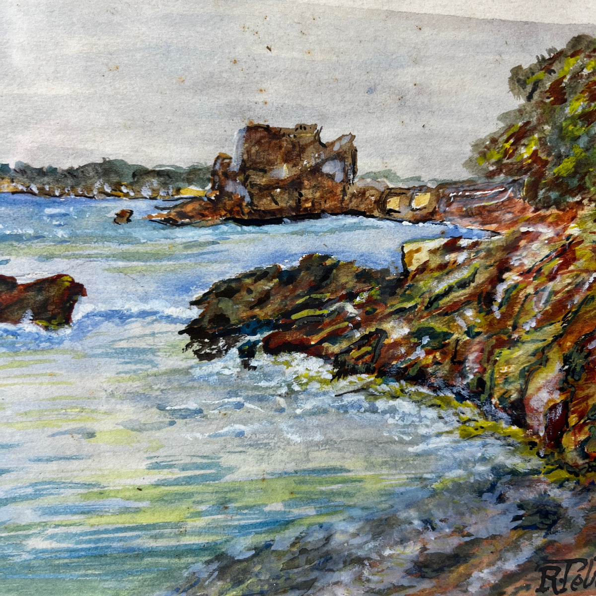 Vintage French Watercolour depicting a Coastal Scene - Signed