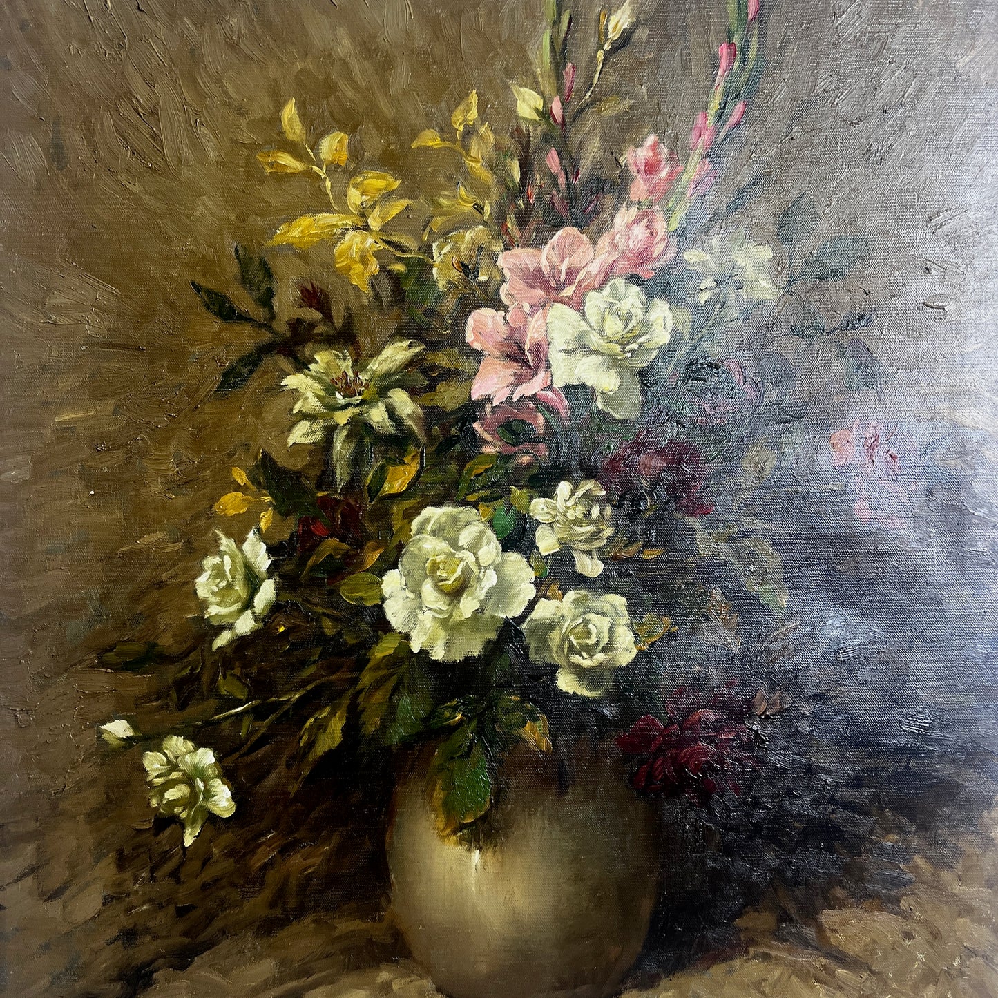 Vintage Belgian still-life painting signed “Futelpeart,” depicting a classic arrangement of flowers in a vase with rich, muted tones. 