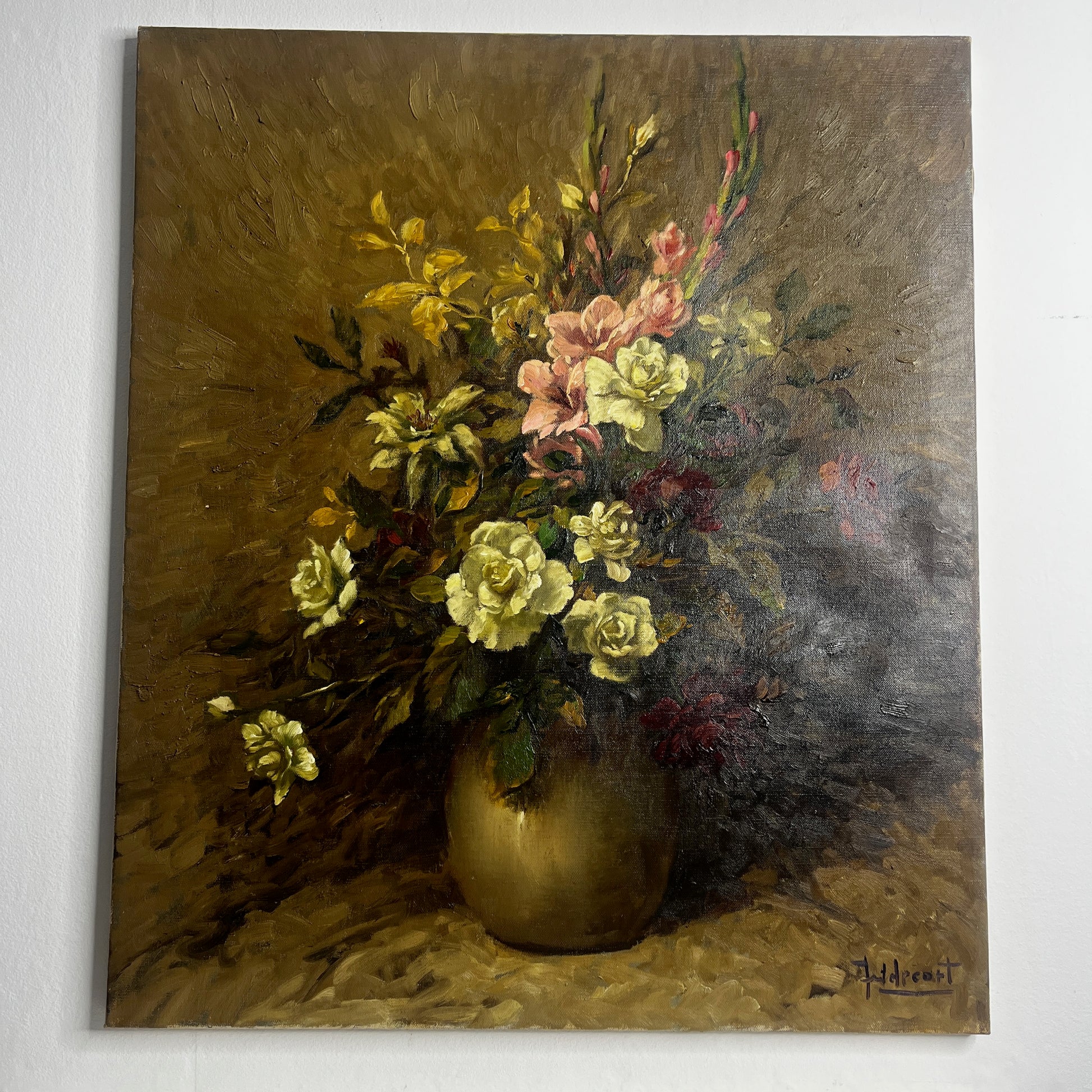 Vintage Belgian still-life painting signed “Futelpeart,” depicting a classic arrangement of flowers in a vase with rich, muted tones. 
