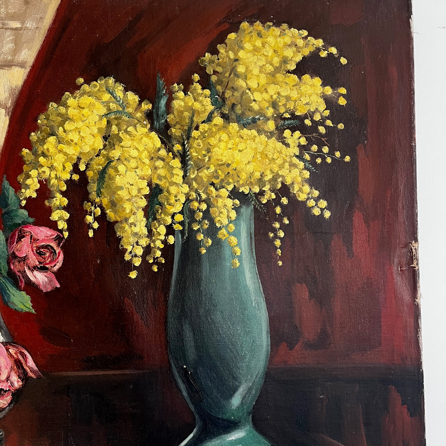 Oil painting by Jan Verhaert of roes and mimosa in vases