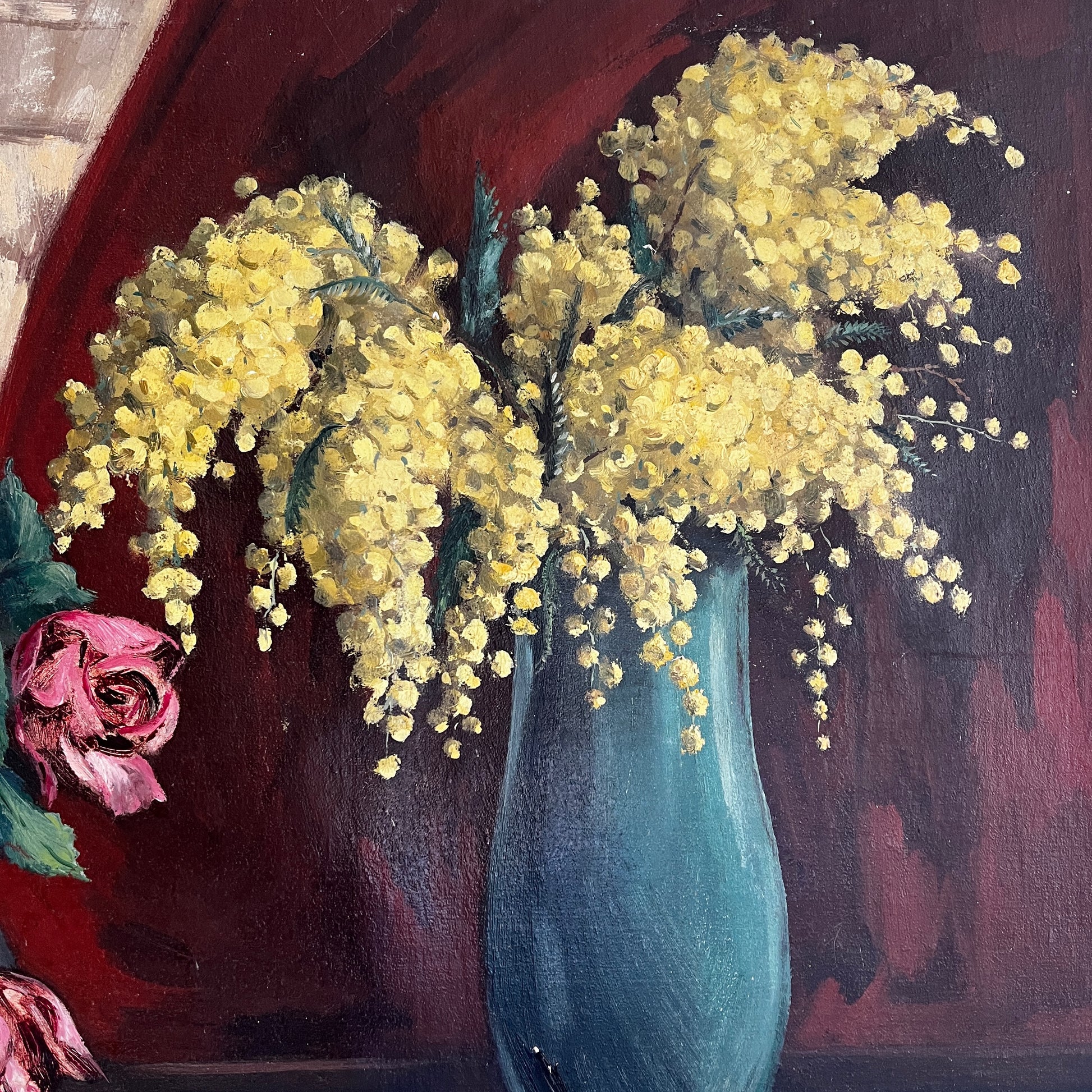 Oil painting by Jan Verhaert of roes and mimosa in vases
