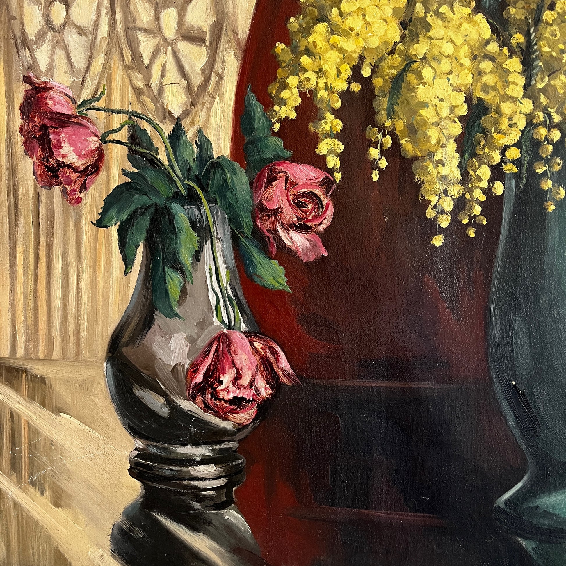 Oil painting by Jan Verhaert of roes and mimosa in vases