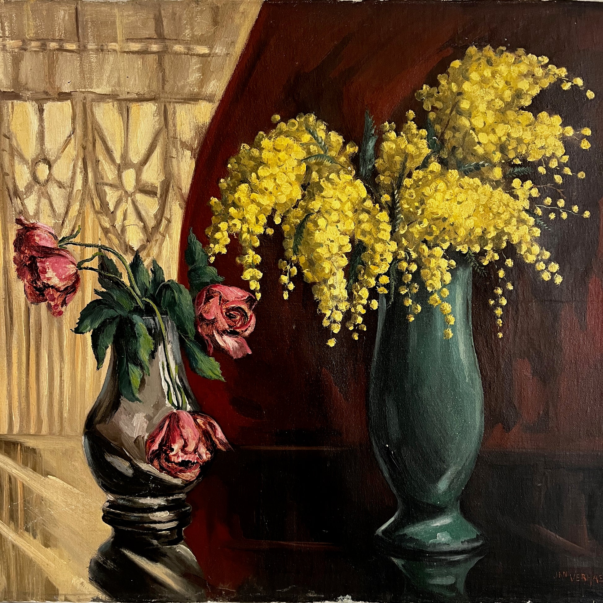 Oil painting by Jan Verhaert of roes and mimosa in vases