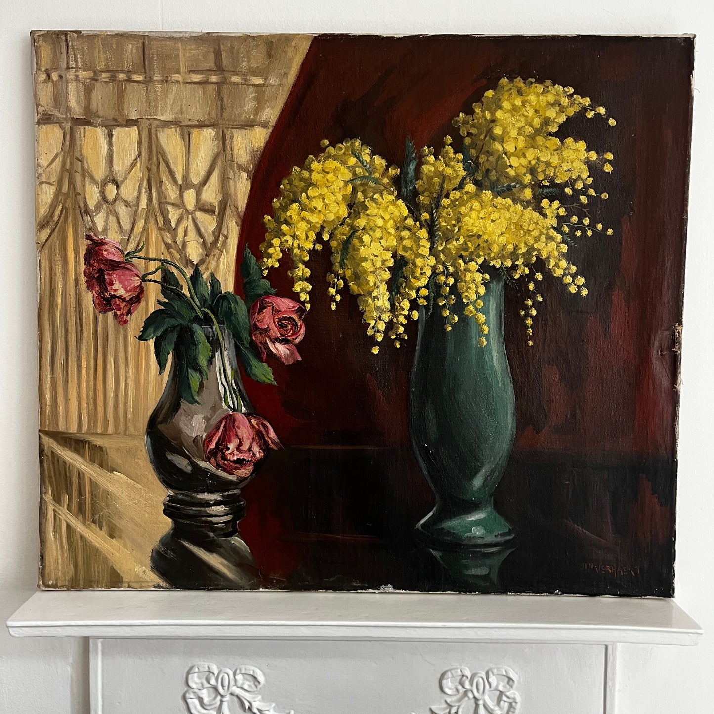 Oil painting by Jan Verhaert of roes and mimosa in vases
