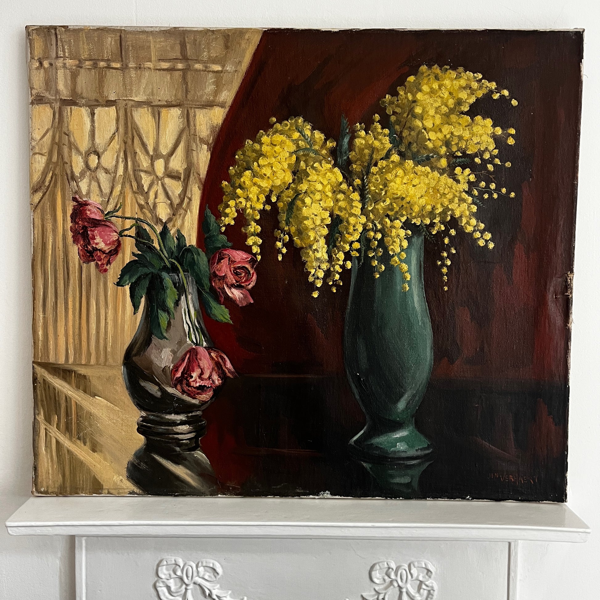 Oil painting by Jan Verhaert of roes and mimosa in vases