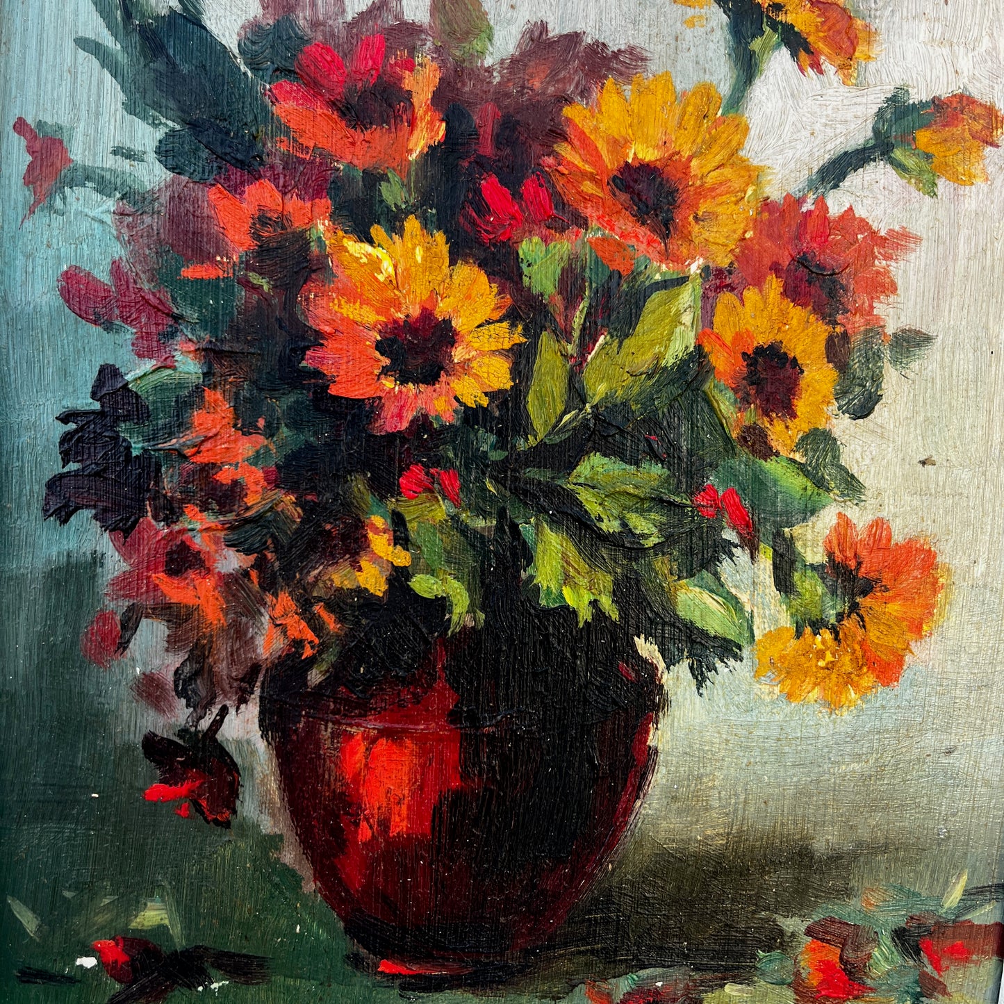 Framed vintage French still life painting of marigolds, featuring warm golden tones and a classic rustic composition in an ornate frame.