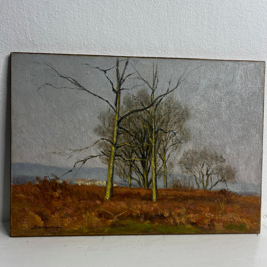 Painting of trees in a field with a gray sky