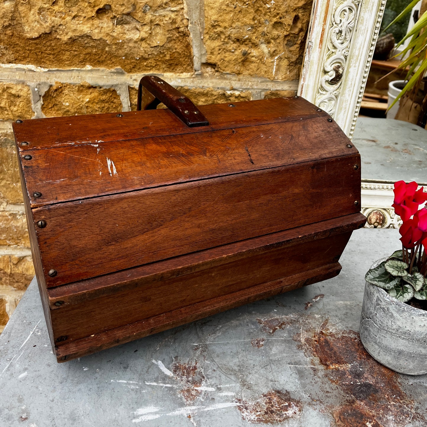 Wooden French vintage trug featuring subtle marquetry detailing on the handle. The trug has a rustic, hand-crafted appearance with a sturdy handle and gently aged finish, reflecting traditional French country style.