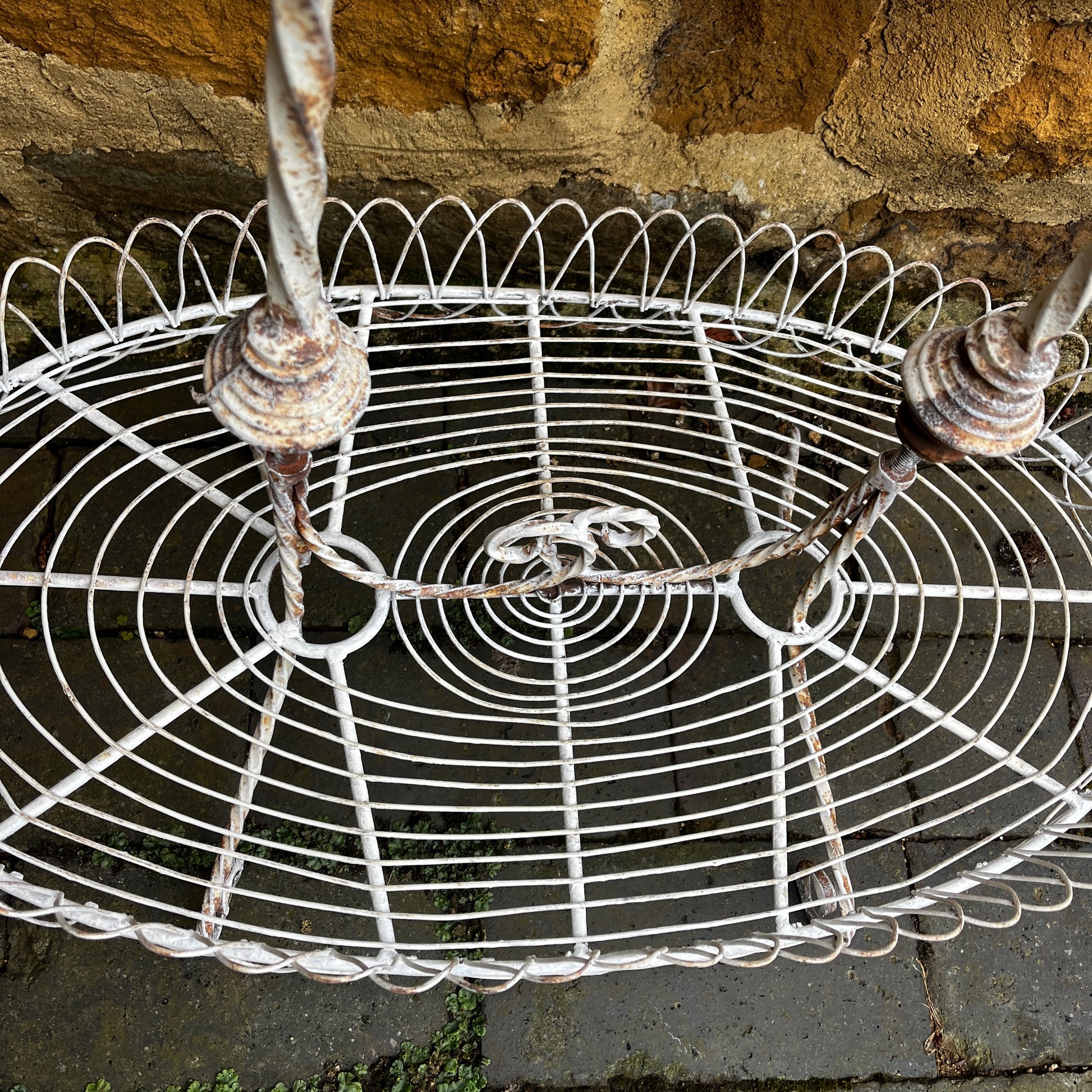 Two tier white vintage wire plant stand with two oval wire shelves with decorative scalloped edging.