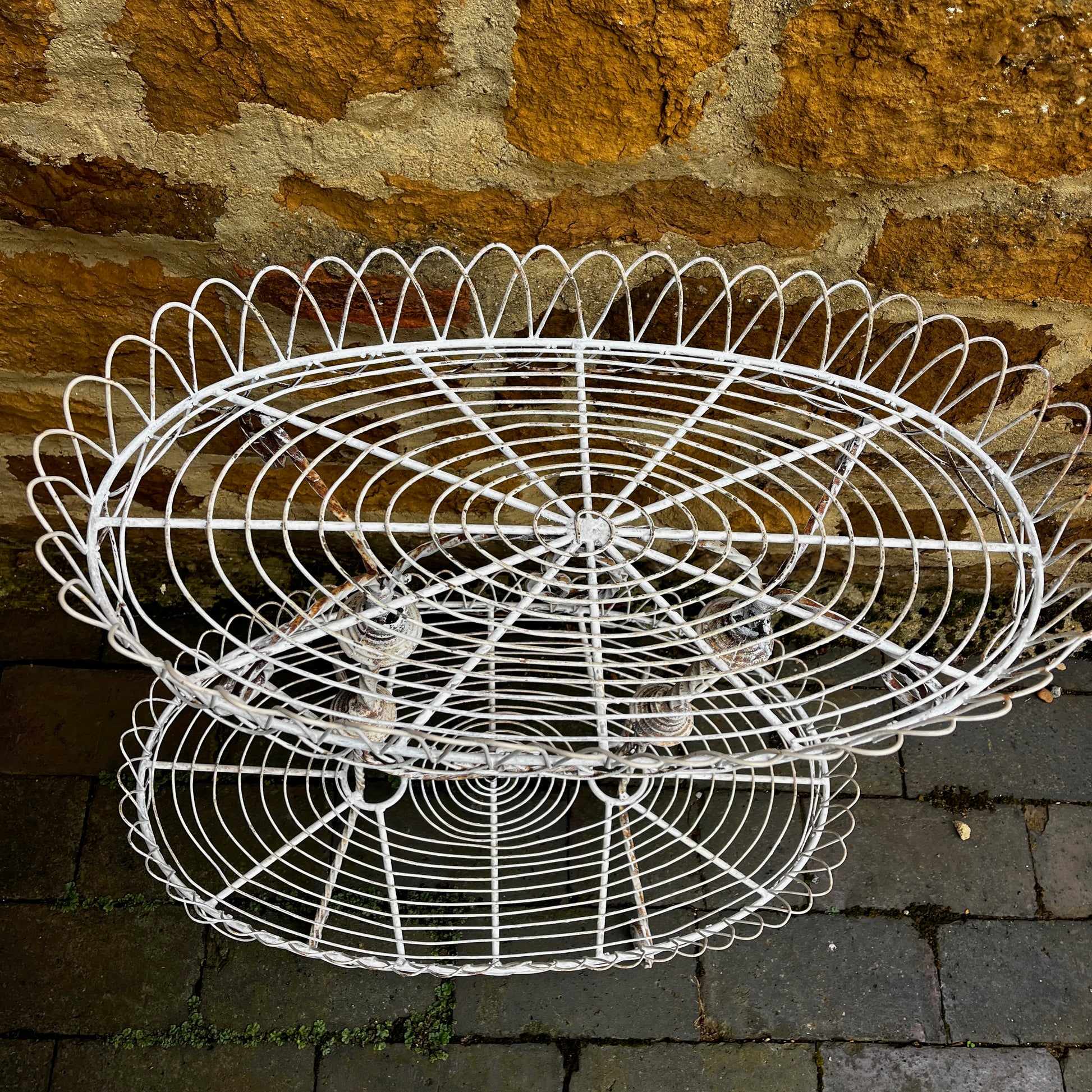 Two tier white vintage wire plant stand with two oval wire shelves with decorative scalloped edging.