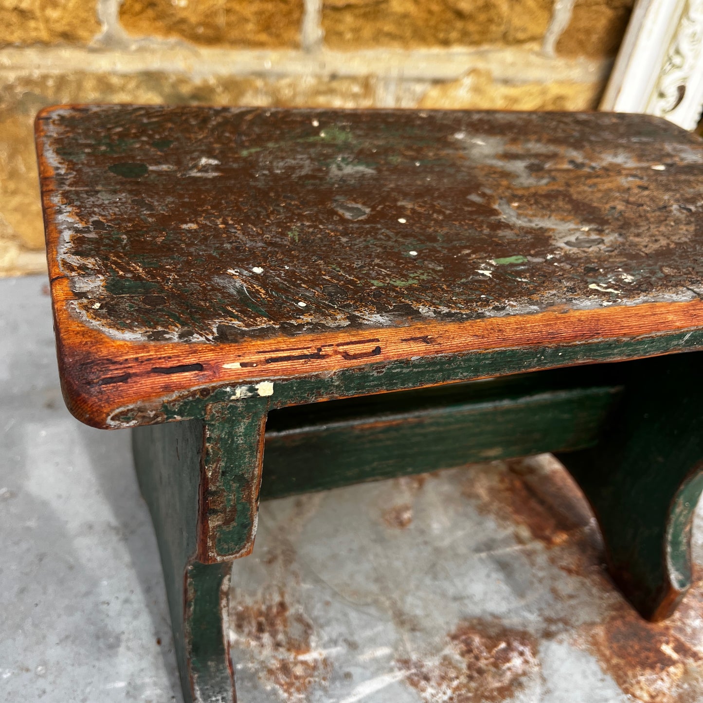 Vintage Stool Distressed in Dark Green and Grey