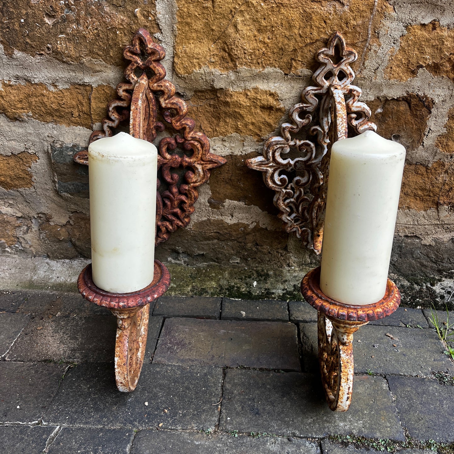 Pair of Large Vintage Cast Iron Wall Sconces with Ornate Scroll Work