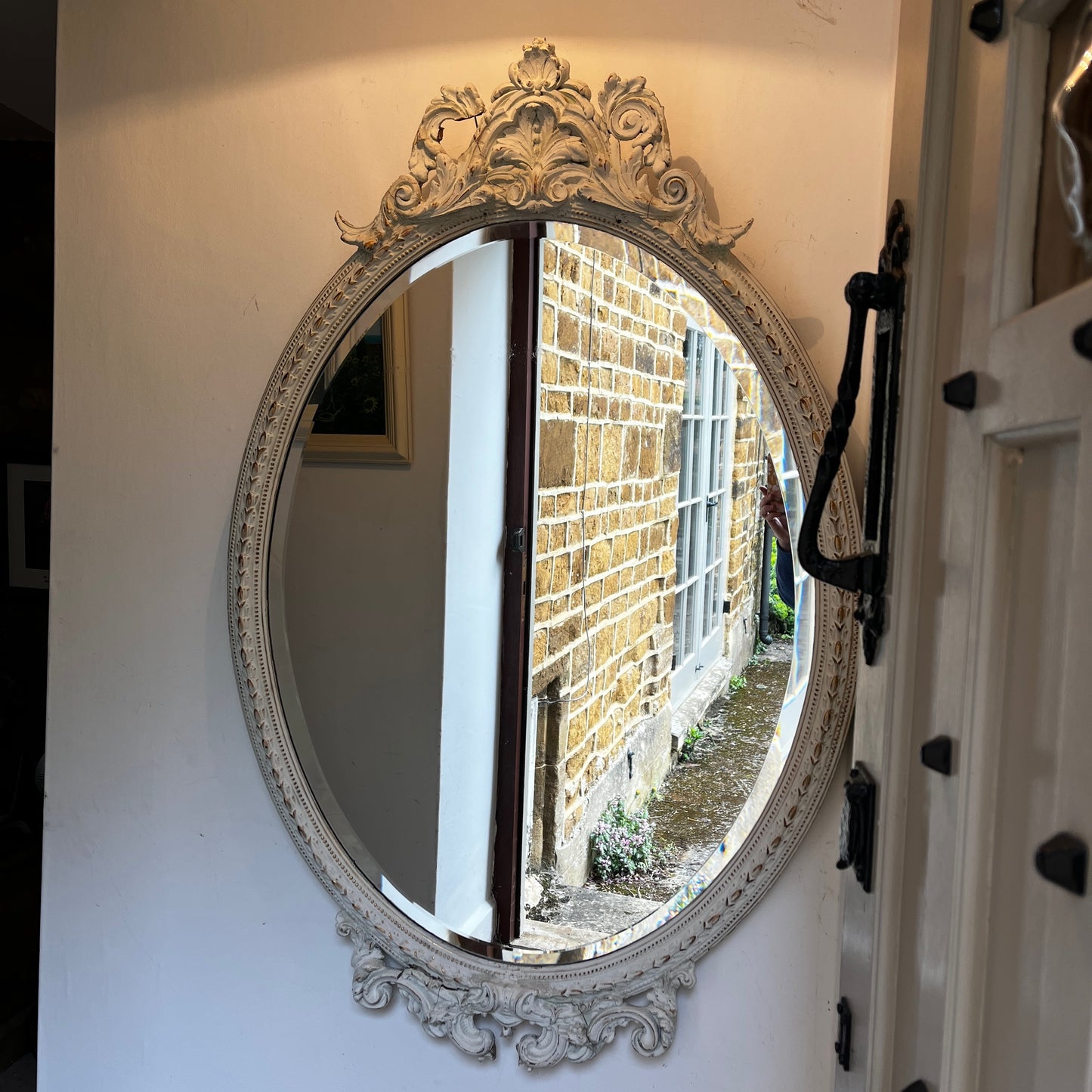 Large Vintage Ornate Oval Bevelled Mirror with White Carved Frame