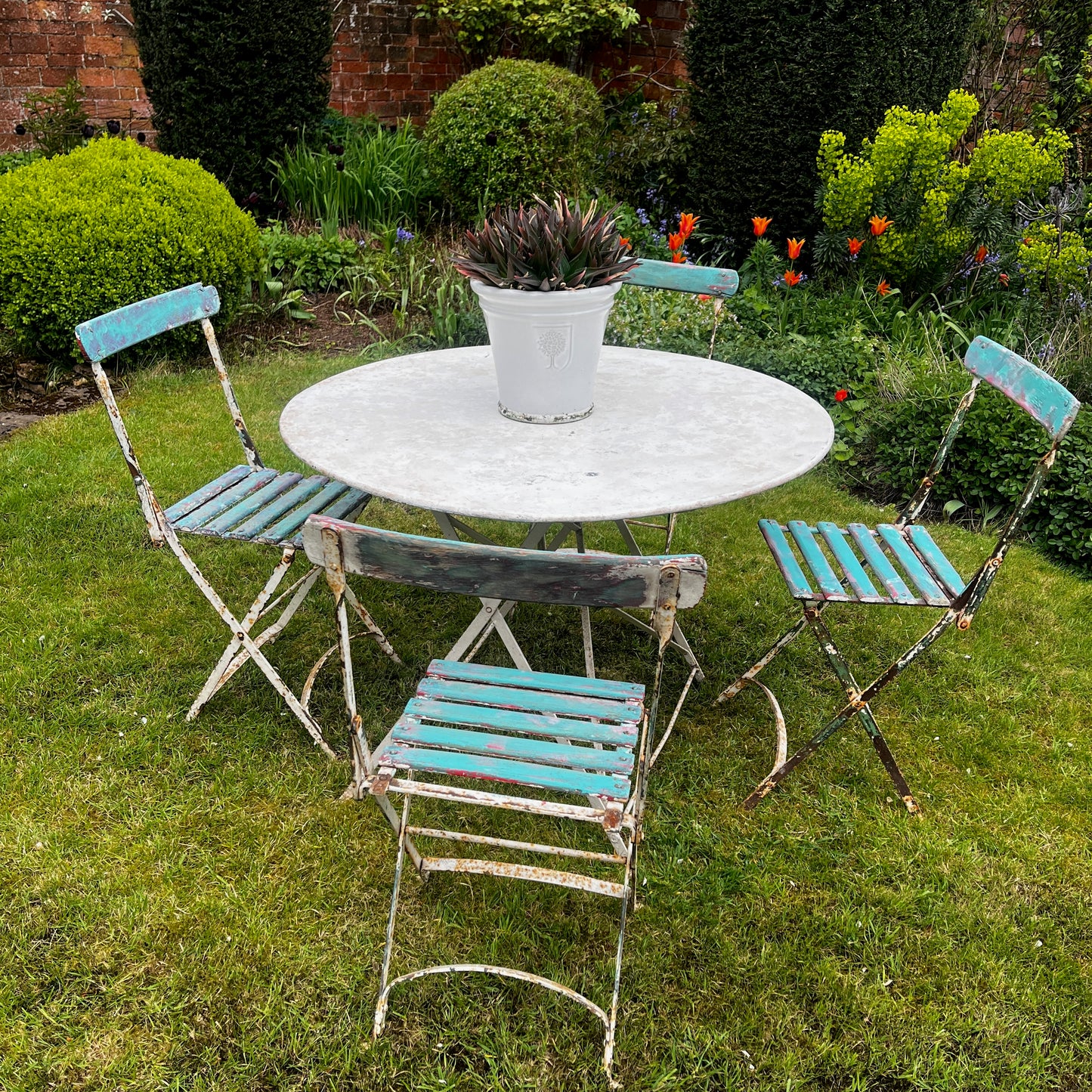 Antique French Folding Bistro Set - Round Table and set of 4 Chairs in Distressed Blue & Pink