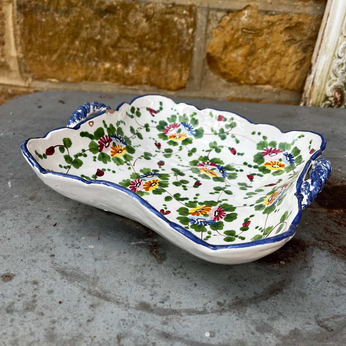 Square mid-century Italian ceramic dish with hand-painted decoration