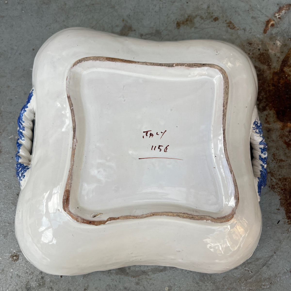 Square mid-century Italian ceramic dish with hand-painted decoration