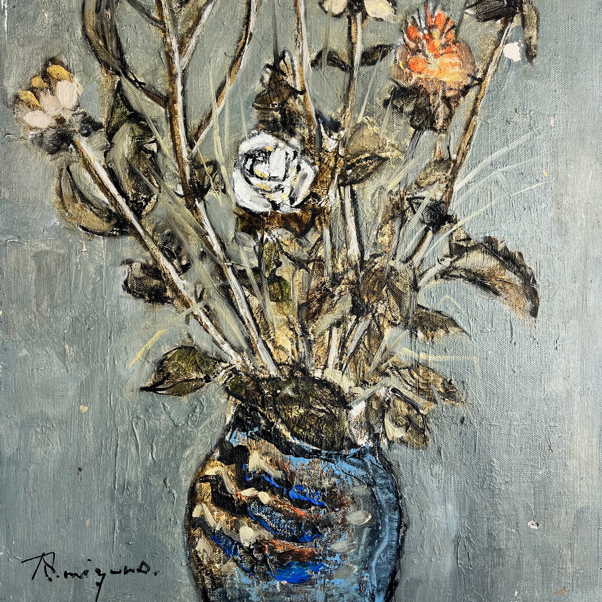 Artistic depiction of a blue vase with flowers on a textured gray background