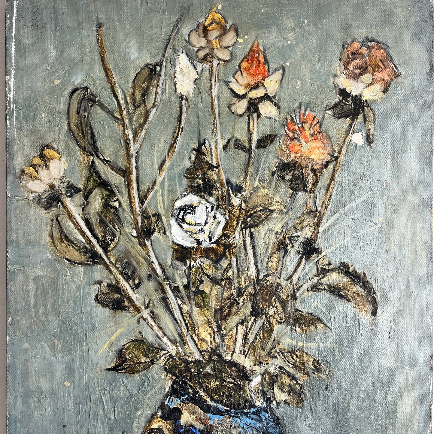 Artistic depiction of a blue vase with flowers on a textured gray background