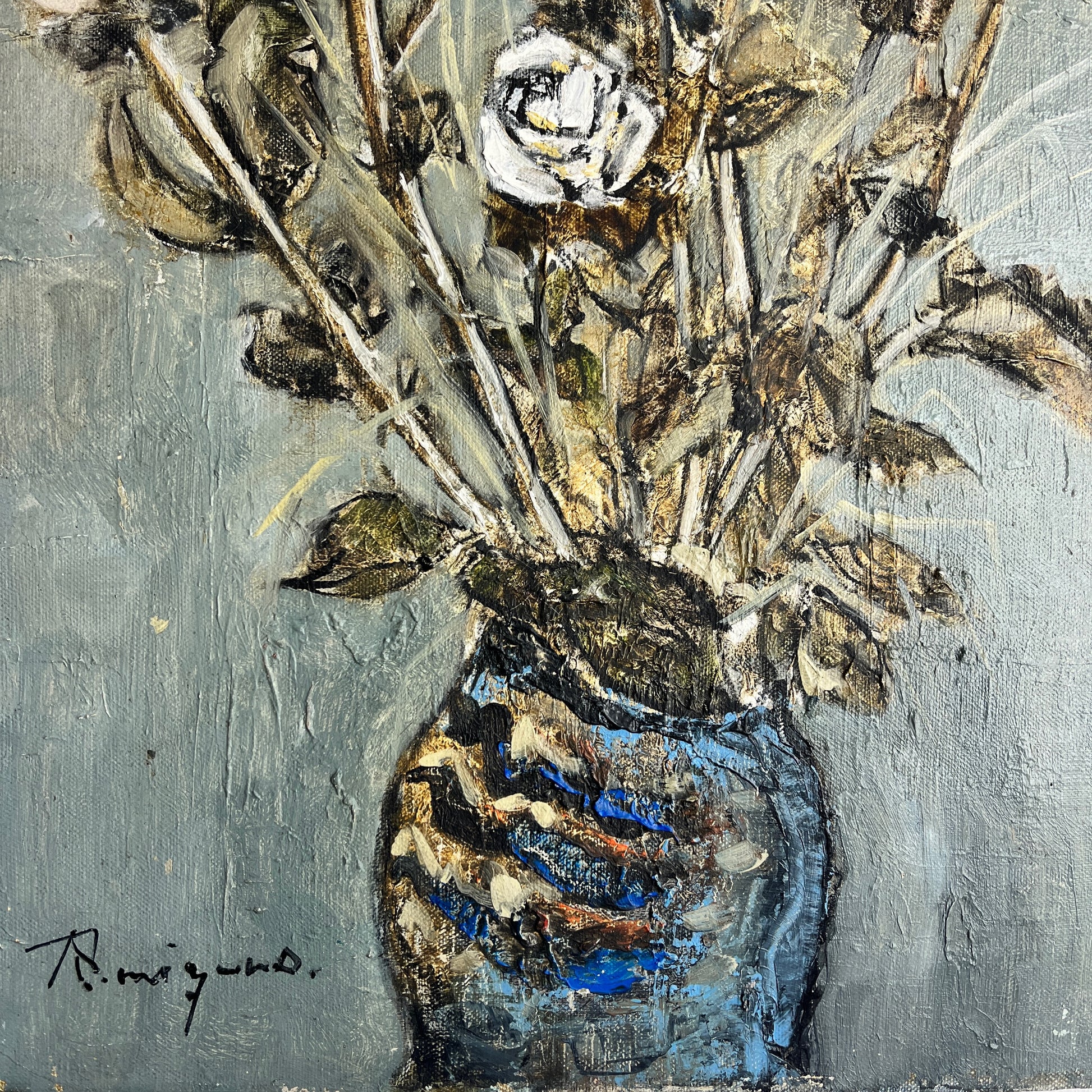 Artistic depiction of a blue vase with flowers on a textured gray background