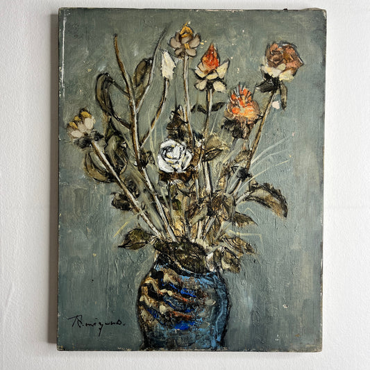 Artistic depiction of a blue vase with flowers on a textured gray background